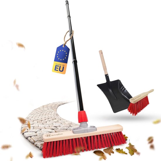 Novaliv straatbezem met steel 40 cm Elaston borstelharen inclusief verzinkte veegset met rubberen lip bestaande uit stoffer en blik & handborstel Ideale tuinbezem terrasbezem tuinbezem stalbezem buitenbezem van Merkloos	