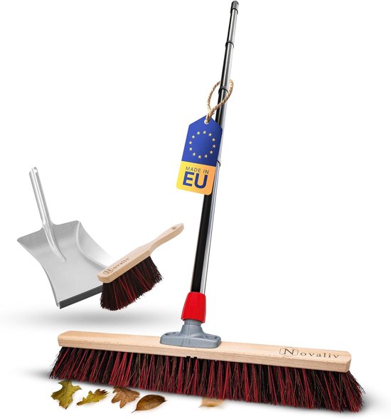 Novaliv straatbezem met steel 60 cm Arenga-Elaston borstelharen inclusief verzinkte veegset bestaande uit stoffer en blik en handborstel Ideaal als tuinbezem, terrasbezem, tuinbezem, buitenbezem van Novaliv