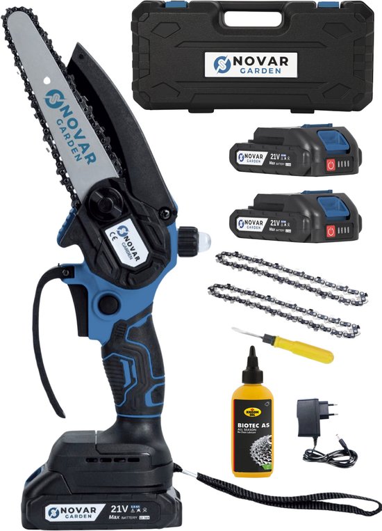 NovarGarden® Mini Kettingzaag NG2 - Automatische Kettingsmering - Brushless - Met 2x Accu - Takkenzaag - Snoeizaag - Electrisch - Handzaag - Boomzaag - 21V - van Merkloos	