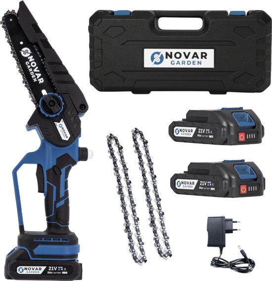 NovarGarden® Mini Kettingzaag NG3 - Takkenzaag - Snoeizaag - Electrisch - Handzaag - Boomzaag- Met Koffer & 2 Accu's van NovarGarden®