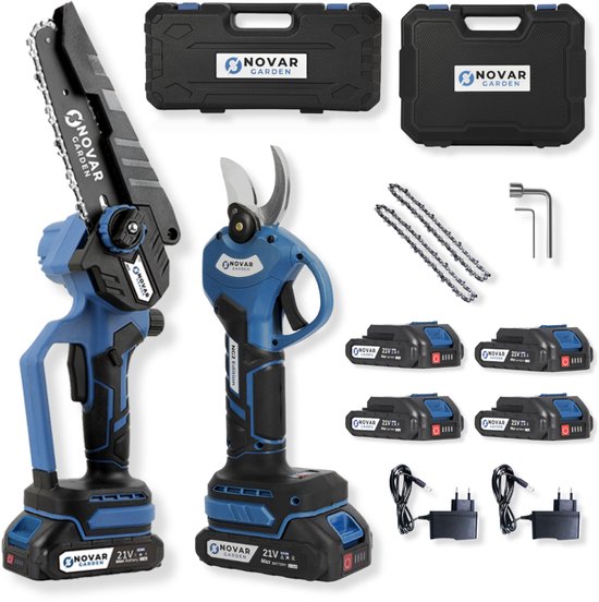NovarGarden® Moeiteloos Snoeien Bundel - Incl. 4 Accu's - Accu Snoeischaar - Mini Kettingzaag van Merkloos	