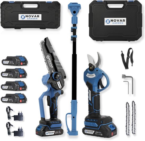 NovarGarden® Telescopisch Snoeien Bundel - Incl. 4 Accu's - Telescopische Mini Kettingzaag en Accu Snoeischaar van Merkloos	
