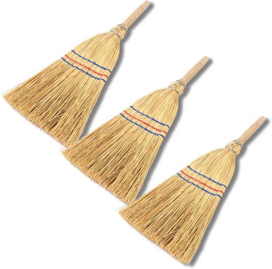 Novatool 3X Kleine Bezemborstel Bezem met Steel Kort 40cm Strobezem Kinderheksenbezem Kleine Tuinbezem Minibezem Klein IDEAAL als Kinderbezem & Campingbezem van Merkloos	