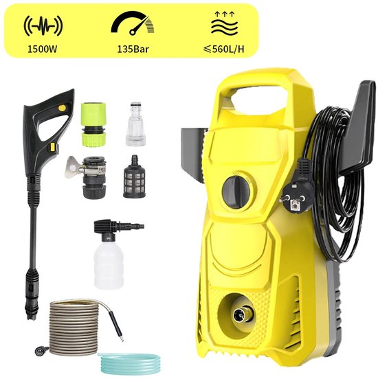 Novendo Goods - Hogedrukreiniger 1500W 135 bar - Elektrische reiniger met 10M slang en 4-in-1 verstelbare spuitmond - Draagbare power washer voor auto , tuin en terras van Merkloos	