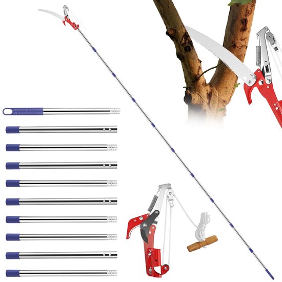 Novendo Goods - Telescopische snoeischaar met snoeizaag 82-410 cm – RVS Paalsnoeischaar met trekkoord – Hoge reikwijdte boomzaag voor takken tot 30 mm – Verstelbaar tuingereedschap van Merkloos	