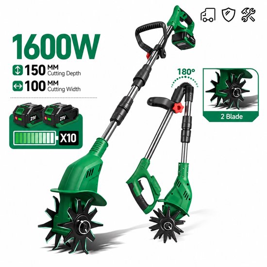Nyoz draadloze elektrische cultivator - Tuinfrees - Grondfrees - 21 V - 1600 W - 800 tpm - 10 cm werkbreedte - 15 cm werkdiepte