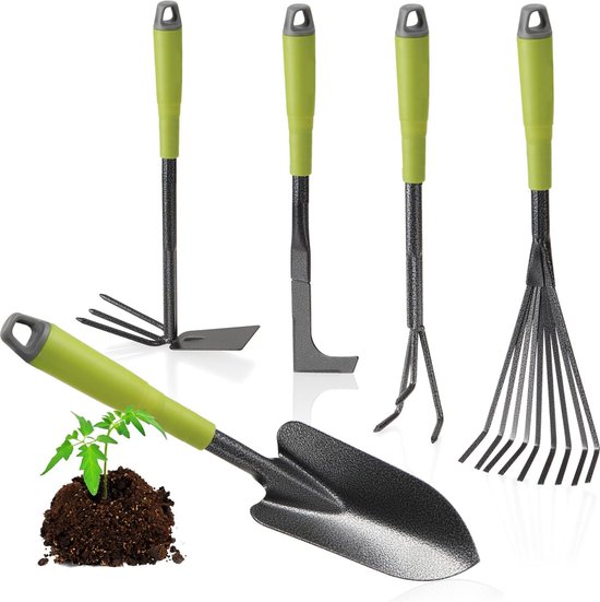 oCreon 5-delige Tuingereedschapset met Dubbele Schoffel - Cultivator & Bloemenschepje voor Tuinieren van oCreon