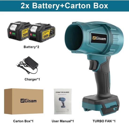 Ohana DT - Elektrische Blazer - Handblazer - Handventilator - Bladblazer - Turbo Ventilator - 1500W - 200 m/s - 2x Accu - Blauw van Merkloos	