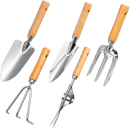 OLOEY Tuingereedschapset met houten handvat, aluminium schep met schaalverdeling, handvork, plantenschep met schaalverdeling, 5-delige robuuste handgereedschapset voor tuinieren van Merkloos	