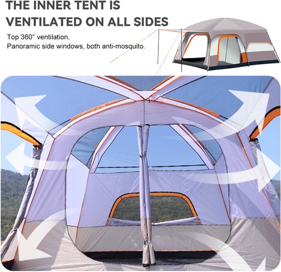 Omabeta Outdoor Serie Dubbelkamer-Tent met Woonruimte – L (8-12 personen) – Versterkte Waterdichte Dubbellaag, Licht Beige van Omabeta