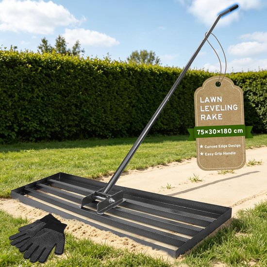 Omgoods- Gazonniveller - 75 x 30 cm harkkop - 180 cm gebogen handvat - tuinhark - gazon nivellering - schokbestendig ontwerp
