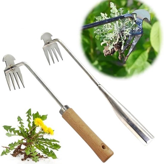 Omgoods- Onkruidtrekker M-vorm - Lange Steel - Roestvrij Staal - 4 Klauwen - Handgereedschap - Tuingereedschap voor Ontwortelen