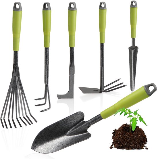 Omgoods- Tuingereedschapset 6-delig - Dubbele Schoffel / Kleine Cultivator - Voegenschraper - Handhark - Bloemenschep - Robuuste Handgrepen - Tuinset