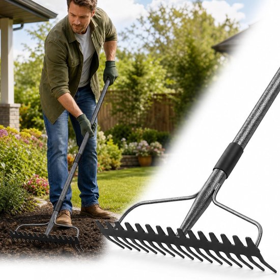 Omgoods- Tuinhark Robuust - Metalen Hark - 17 Tanden - 160 cm - Roestvrij Stalen Handgreep - Lichtgewicht