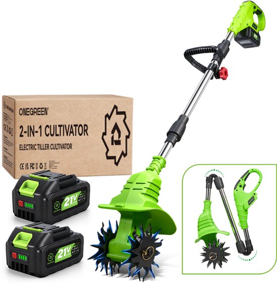 ONEGREEN Accu Grondfrees - 1200 tpm - Elektrisch Tuinfrees - met 2x Accu's - 20 cm werkdiepte - 19 cm werkbreedte - voor het losmaken en beluchten
