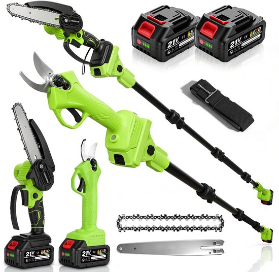 ONEGREEN Accu Kettingzaag + Telescopische Steel - Elektrische Snoeischaar - met 2x 4000 mAh Accu's - Automatische Kettingsmering - Brushless - voor boomtakken, houtzagen