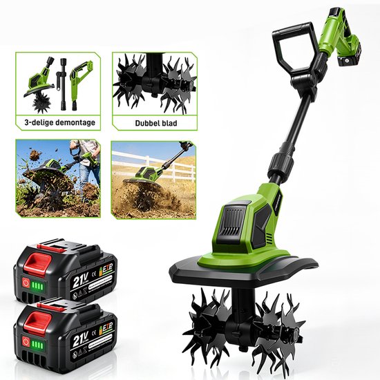 ONEGREEN Elektrische Grondfrees - 1200 tpm Tuinfrees - met 2x Accu's - Grondfreesbladen - Motorhak - 17 cm werkdiepte - 24 cm werkbreedte