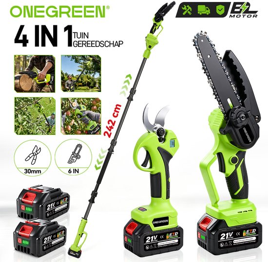 ONEGREEN Kettingzaag Telescopische Steel - Elektrische Snoeischaar - met 2 Accu's - Snoeizaag - werkhoogte tot 2 m - voor boomtakken, houtzagen