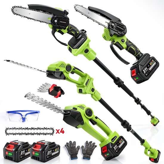 ONEGREEN Kettingzaag Telescopische Steel - Kettingzaag + Heggenschaar Set - met 2 Accu's - Telescopische Heggenschaar - 180° Einstellbarer Kopfwinkel