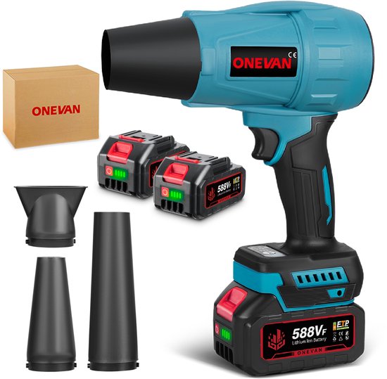 ONEVAN Accu Bladblazer 21V - Handblazer 300 m/s - Borselloze Motor - met 2x Accu's & 4x Sproeiers - Elektrische Stofblazer - voor blad/sneeuw/stof/koolstof/zaagsel van Merkloos	