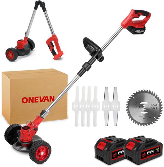 ONEVAN Accu Bosmaaier 21V - Kantenmaaier - Elektrische Grastrimmer - Brushless Bosmaaier - Maaibreedte 18 cm - met 2 Accu ‘s & 7 Messen - Voor Gazon/Tuinklussen van Merkloos	