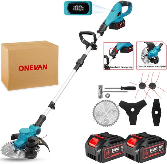 ONEVAN Accu Grastrimmer - 23cm Borstelloze Grasmaaier - met 2x Accu’s - Telescopische Bosmaaier - Lichtgewicht Grastrimmer - voor Tuin & Gazon van Merkloos	