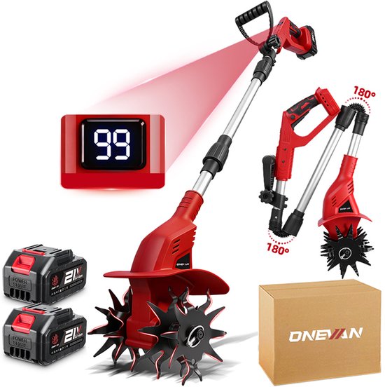 ONEVAN Accu Grondfrees - Elektrisch Tuinfrees - 330 tpm - met 2x Accu's - Draadloze Motorhak - 15 cm werkdiepte - 20 cm werkbreedte