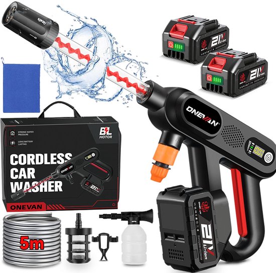 ONEVAN Accu Hogedrukreiniger - 60 bar - Mobiele hogedruk-waterpistool - 5-in-1-sproeier - met 2 accu's - Voor Auto, Fiets, Terras en Tuin van ONEVAN