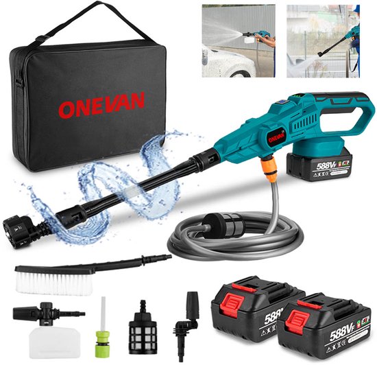 ONEVAN Accu Hogedrukreiniger - 70 Bar - 21V Draadloze Hogedrukreiniger - Auto Was Set - Terrasreinigers Groenaanslag - 6-in-1 multifunctionele - met 2x Accus - voor auto, terras, gazon van ONEVAN