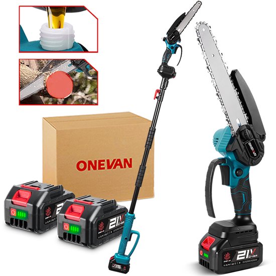 ONEVAN Accu-Hoogsnoeier - 2-in-1 Bürstenloser 8 Zoll Mini Kettensäge - mit 2x Akkus - Teleskopstange bis 1,7 m - Für Baum- und Gartenpflege - voor boomtakken, houtzagen van ONEVAN