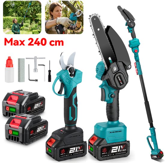 ONEVAN Accu-Hoogsnoeier - 4-in-1 Mini Kettingzaag - met 1.08 -2 m trekbare verlengstang & 2x Accu's - Elektrische Snoeischaar - Brushless Kettingzaag