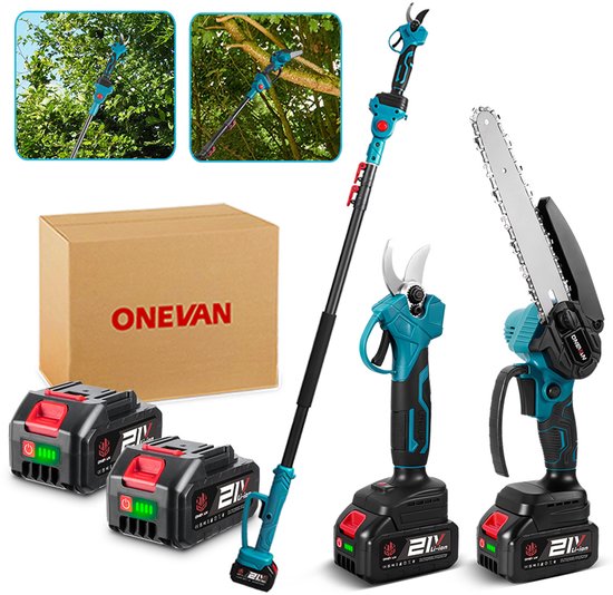 ONEVAN Accu-Hoogsnoeier - 8 inch kettingzaag + 25mm Elektrische Snoeischaar - Borstelloze Motor - 4-in-1 Telescopische Snoeischaar - mit 2x Akkus - Teleskopstange bis 2 m van ONEVAN