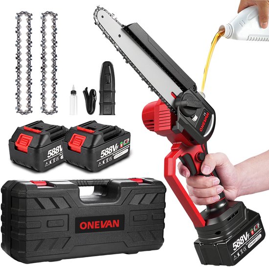 ONEVAN Accu Kettingzaag - 8 Inch Borstelloze Kettingzaag - met 2x Accu's - Elektrisch Handkettingzaag - voor tuinschaar, takkenschaar, houtzaagwerk van Merkloos	