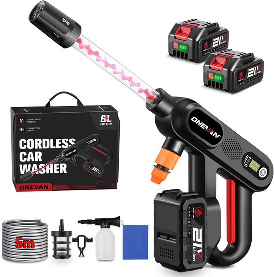 ONEVAN Draadloze Hogedrukreiniger, Borstelloze Motor, 5-in-1 Sproeikop & Schuimkanon, Incl. 2 Accu's – Auto & Terrasreiniger