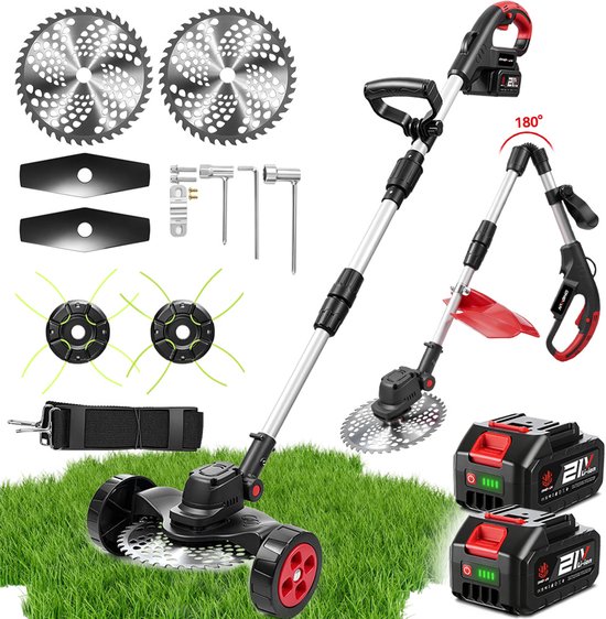 ONEVAN Elektrische Bosmaaier - 23 cm Snijbereik - Grastrimmer - met 2 accu's 4,0 Ah - 3 Verschillende snijbladen - Kantenmaaier - voor tuinen en erven