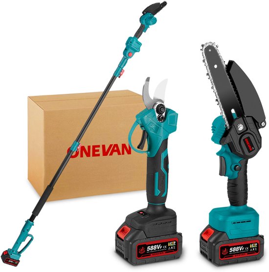 ONEVAN Elektrische Kettingzaag Snoeischaar Met Telescopische Steel - Borstelloze 6 Inch Kettingzaag - 25 mm Elektrische Snoeizaag - Accu-Hoogsnoeier - 1,05 m tot 2 m van ONEVAN