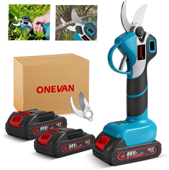 ONEVAN Elektrische Snoeischaar - 30mm Snijdiameter - met 2x Accu & Reserve Set Snoeimessen - Draadloze Snoeischaar - SK5 Scherp Lemmet - Borstelloos Snoeischaren - Voor Boomgaard, Tuin, Boerderij, Park, Tuinieren van Merkloos	