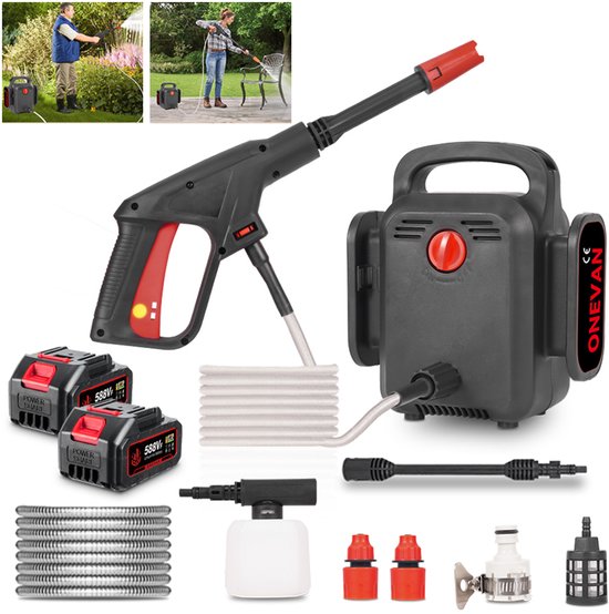 ONEVAN Hogedrukreiniger - 60 Bar Mobiele Hogedrukreiniger - 21V Pressure Washer Hogedrukreiniger - met 2 accu's - Terrasreiniger - 15 m slang - auto en tuin reinigen van Merkloos	