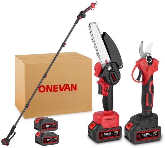 ONEVAN Telescopische kettingzaag met 2x Accu's - Borstelloze motor - 6 Inch- Kettingzaag - Snoeizaag - 30 mm elektrische tuinschaar - max. bereik tot 2 m van ONEVAN