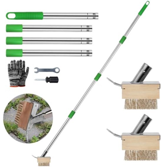 Onkruidborstel met Afneembare Handgreep 150 cm - 2 Stuks Metalen Borstels + Schraper - voor Mos, Onkruid en Vlekken op Tegels en Voegen
