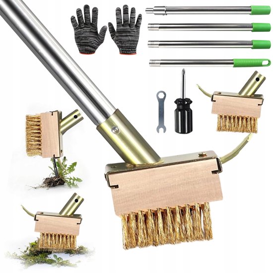 Onkruidborstel - Onkruidverwijderaar - Roestvrijstalen Voegenborstel 150cm - V-vorm Borstel & Ingebouwde Schraper - Uitschuifbare Steel voor Staand Gebruik - 2 Koppen & Handschoenen Incl. - Voor Terras, Oprit & Tuin