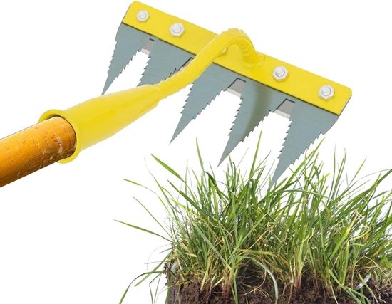Onkruidhark 5 tanden - Onkruidsteker Wieden - Tuinonderhoud Vereenvoudigen - Ergonomische Ontlasting - 26 cm breed - Geel Zilver