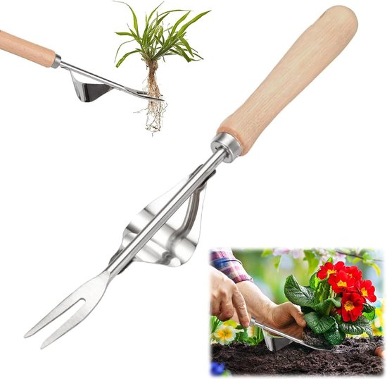 Onkruidsnijder, wortelswieder met houten handvat, handmatige roestvrijstalen onkruidsnijder met handvat, voor paardenbloemensnijder, wieden, verplanten, losmaken enz. van Esschert Design