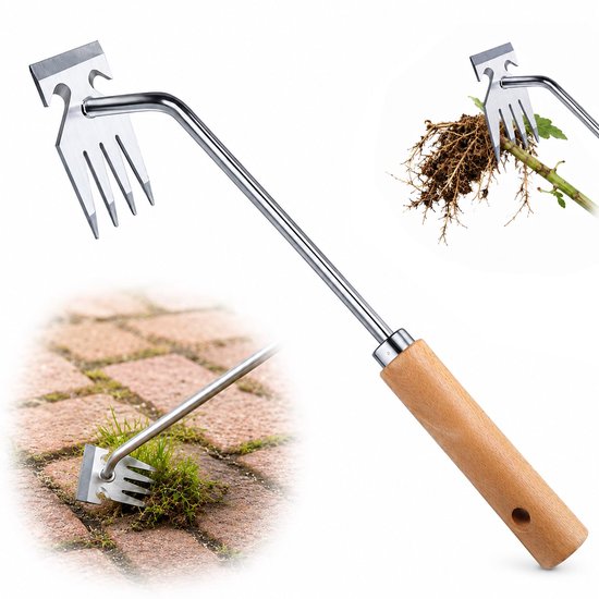 Onkruidstecher van roestvrij staal met houten handvat voor de tuin