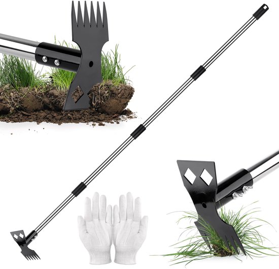 Onkruidsteker 150 cm met lange steel, multifunctionele onkruidverwijderaar met onkruidklauw en tuinhak, inclusief handschoenen voor tuin, gazon, erf en terras