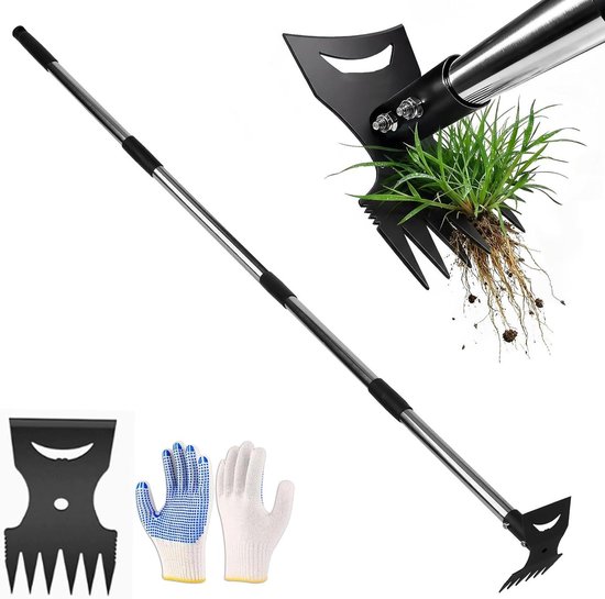 Onkruidsteker Lange Steel - Onkruidverwijderaar Onkruidjager - Onkruid Wieden Zonder Bukken - 2-in-1 Hark en Hak - 150 cm - Zwart