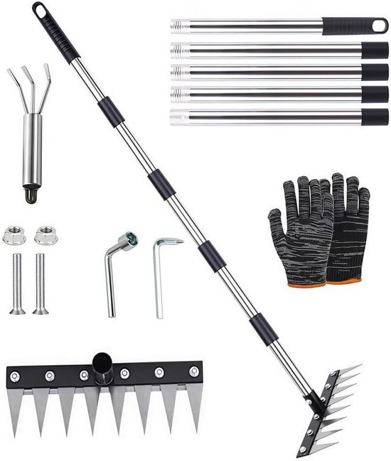 Onkruidsteker Lange Steel - Tuinhark Hark - Gazon Onderhoud - Roestvrij Staal - 185 cm - Zilverkleurig