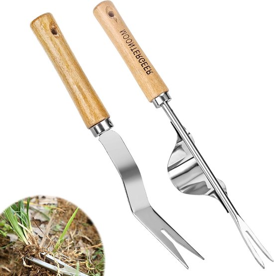 Onkruidsteker met houten handvat - 2-delige set | Roestvrijstalen onkruidverwijderaar | Tuin gereedschapsset voor handmatig wieden | Onkruidmes en handbootapparaat | Efficiënte onkruidjager met lang handvat | Makkelijk onkruid verwijderen in de tuin van Merkloos	