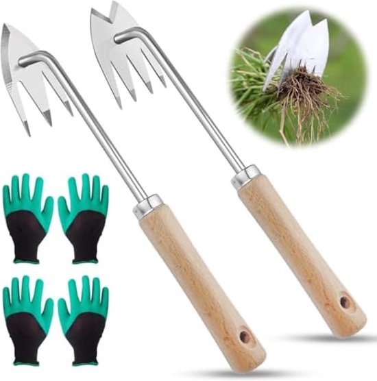 Onkruidsteker met houten handvat en handschoenen - Voorbereid - Tuinier set van Voorbereid