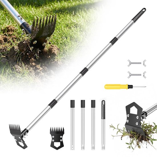 Onkruidsteker met lange steel, 150 cm, handmatige onkruidverwijderaar voor tuin, gazon en terras, 2-in-1 met schroevendraaier